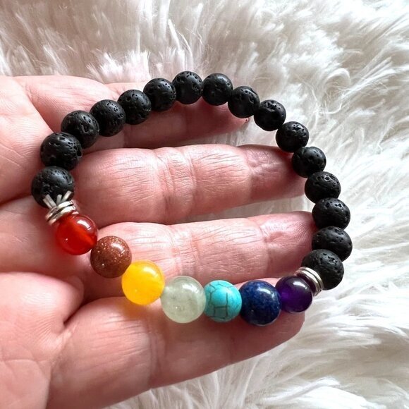 7 Shakra / porous lava rocks yoga Bead Bracelet 6 3/4 in -17.2 cm - Picture 5 of 7